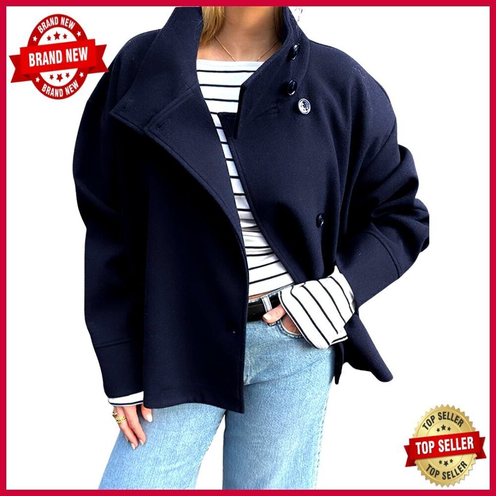 Wool Blend Cropped Blazer Jacket, Loose Fit, Long Sleeve, Button Front